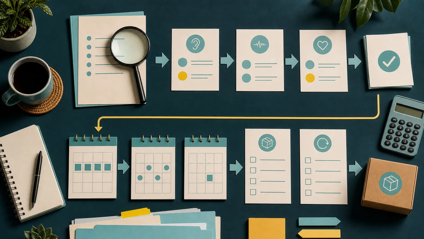Organized buyer decision desk with blank ingredient sheet, calendar, shipping and refund tokens