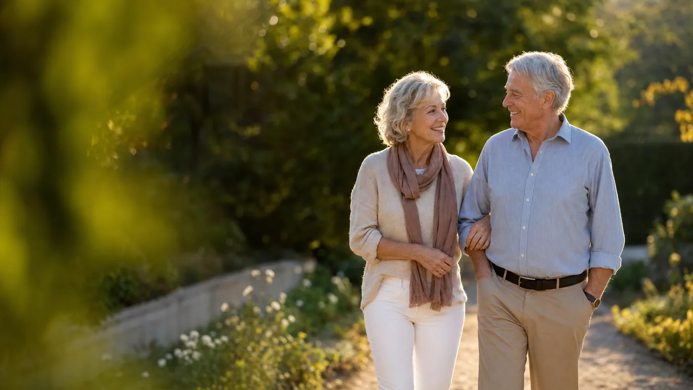 Mature couple having a relaxed conversation on a sunny garden walk