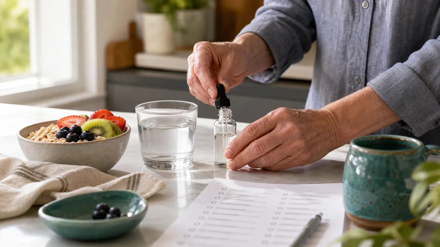 Hands arranging an unbranded dropper, water and daily routine checklist at breakfast