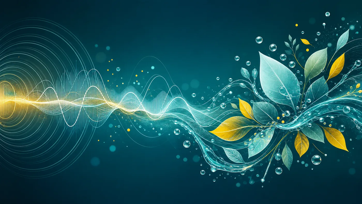 Conceptual sound waves flowing into botanical leaves and liquid droplets